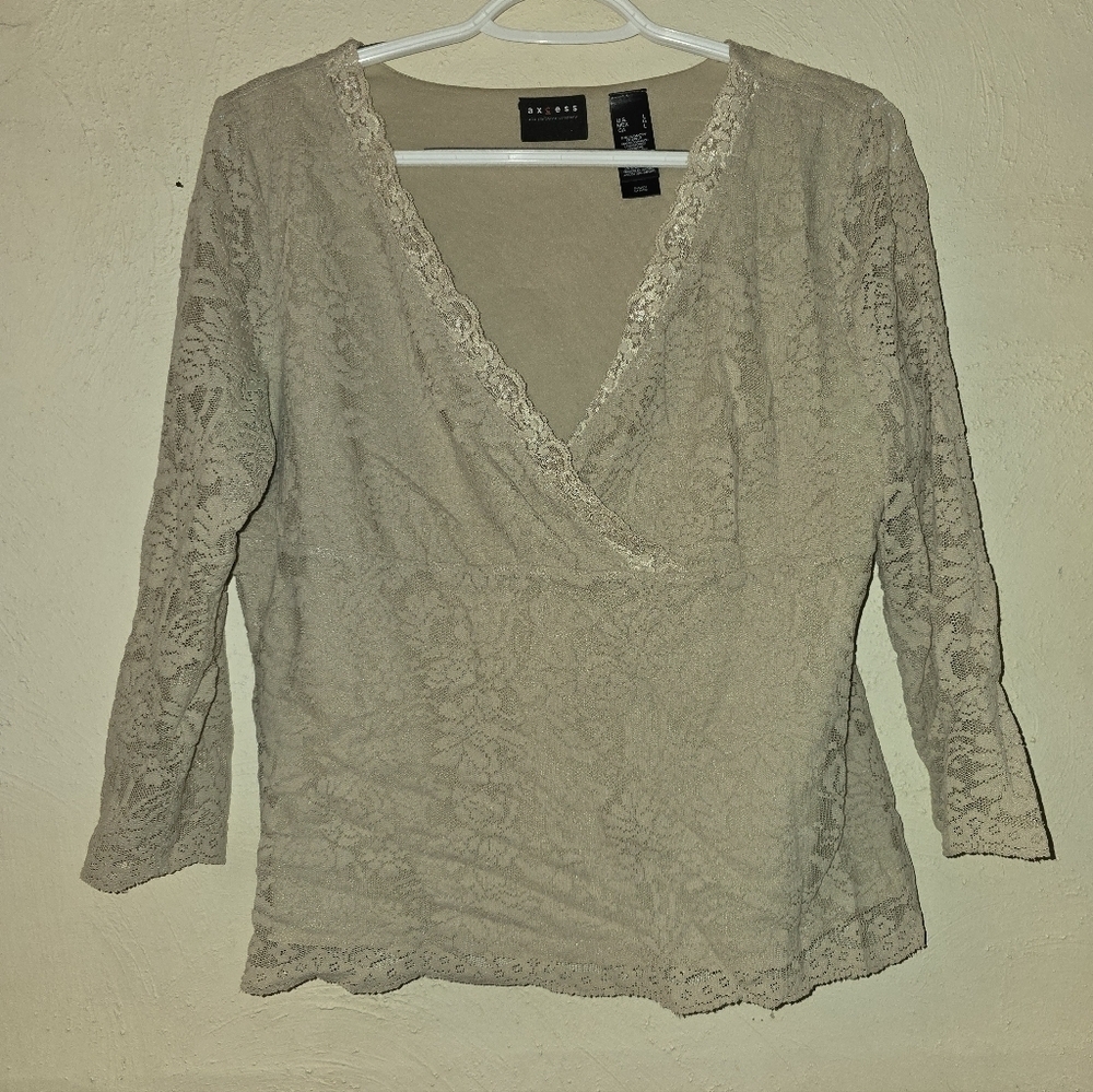 Axcess Taupe Lace V-Neck Blouse
